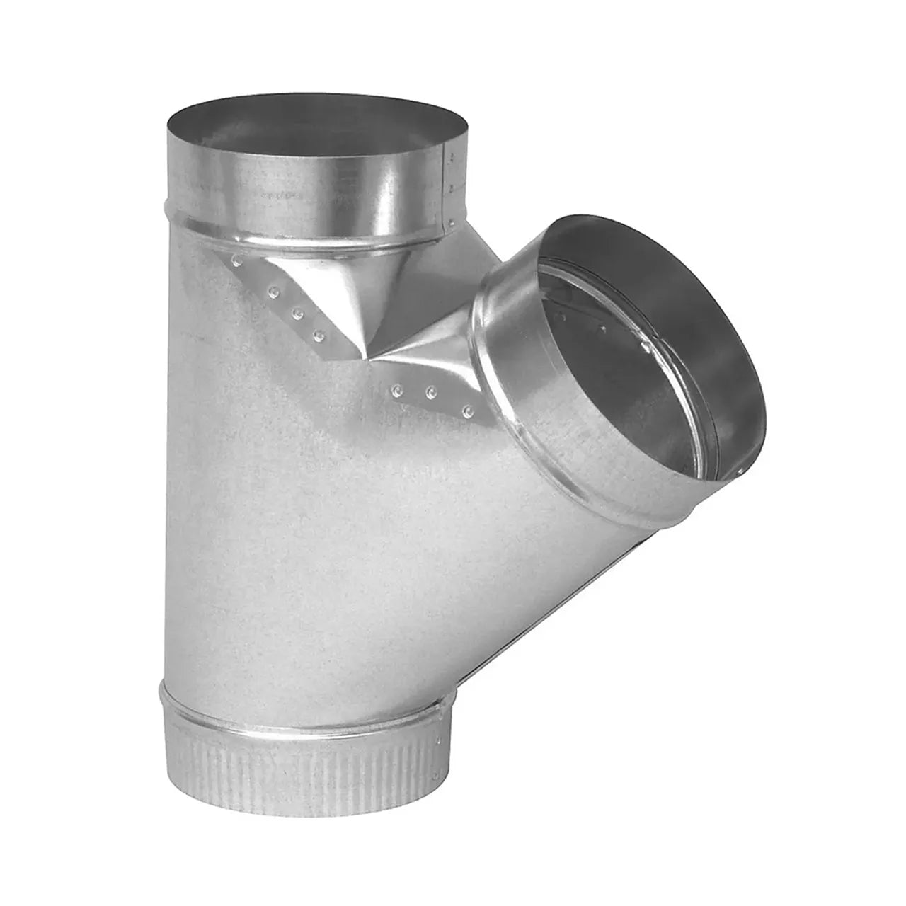 The Go Build 4 in. x 4 in. x 4 in. Wye is a galvanized steel fitting for HVAC systems, designed to connect and split airflow with one main passage and an angled branch. Brand: The Fastest Way To Build.